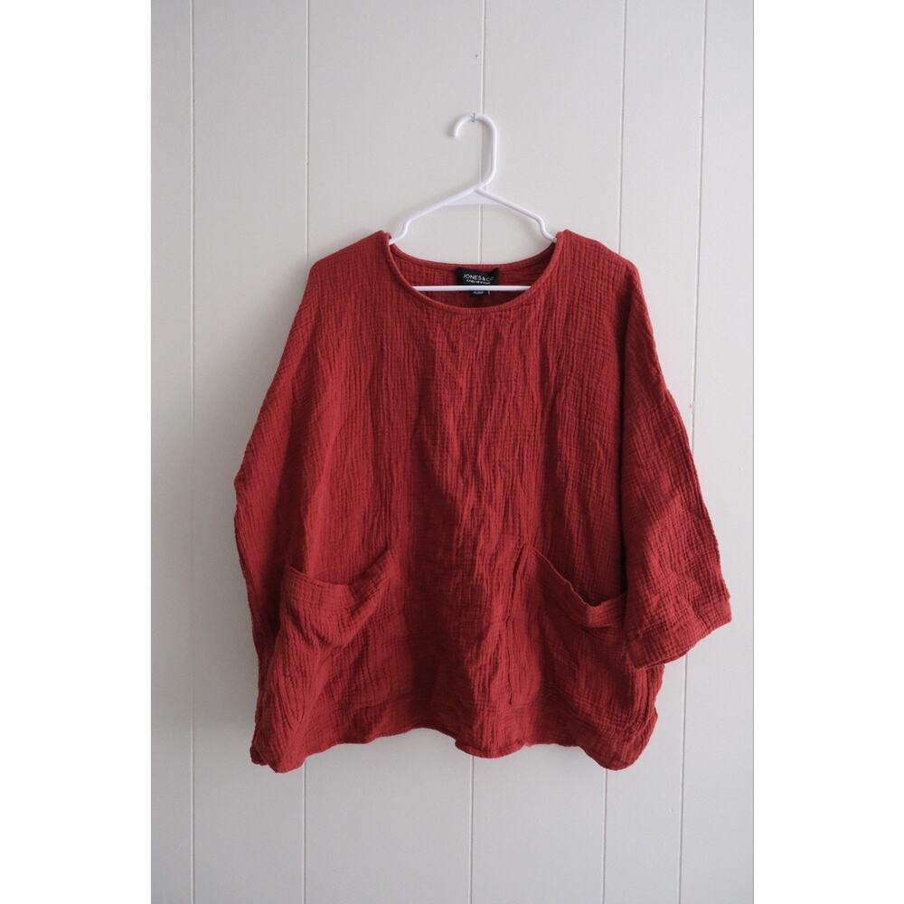 Jones & CO Women Jones NY 2X Top White Red Cotton Gauze Pockets Beach Coastal